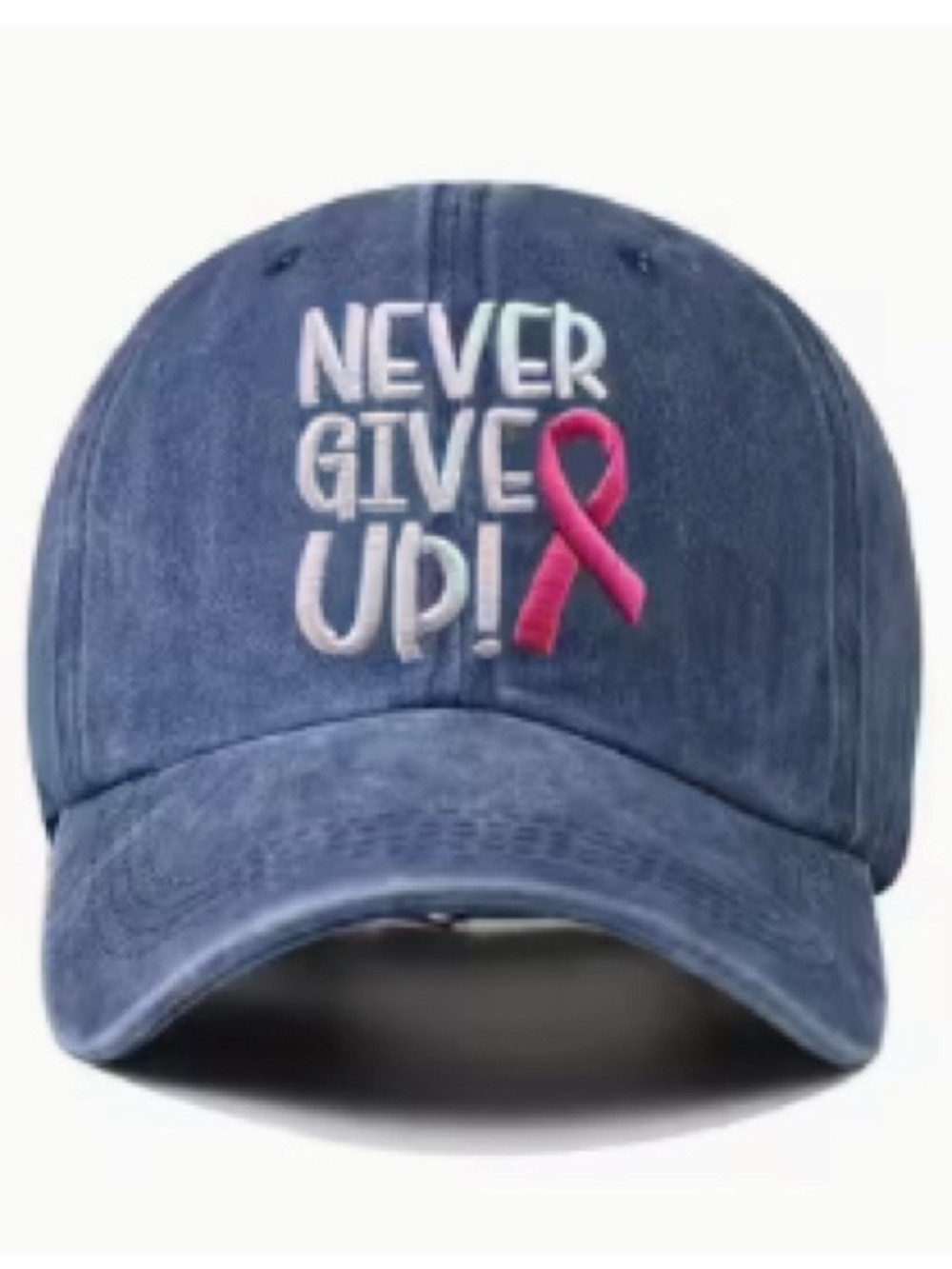 1-Never Give Up Denim Baseball Cap with Pink Ribbon